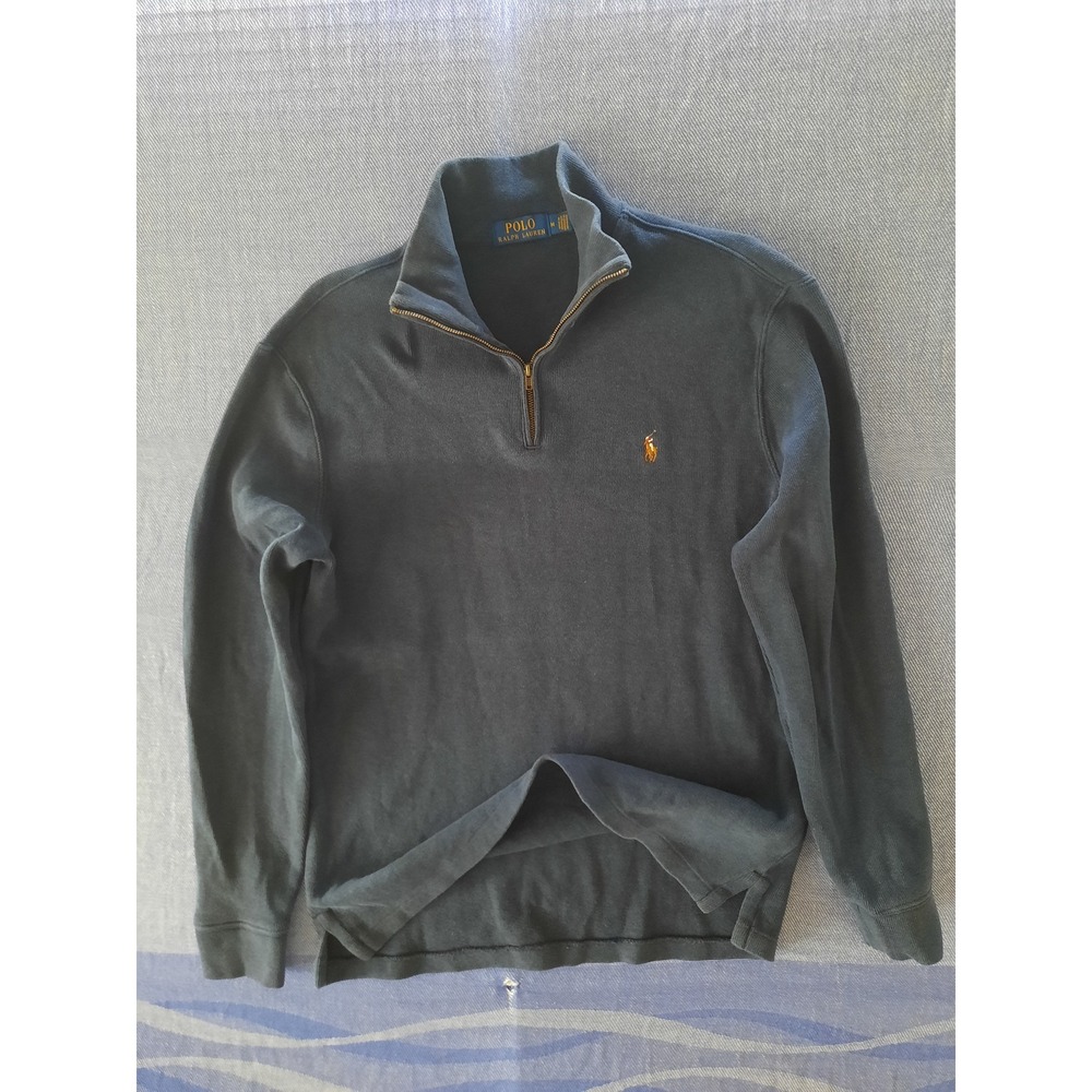 Polo Ralph Lauren Men Navy Ribbed Cotton Quarter Zip Pullover Sweater Medium SEE